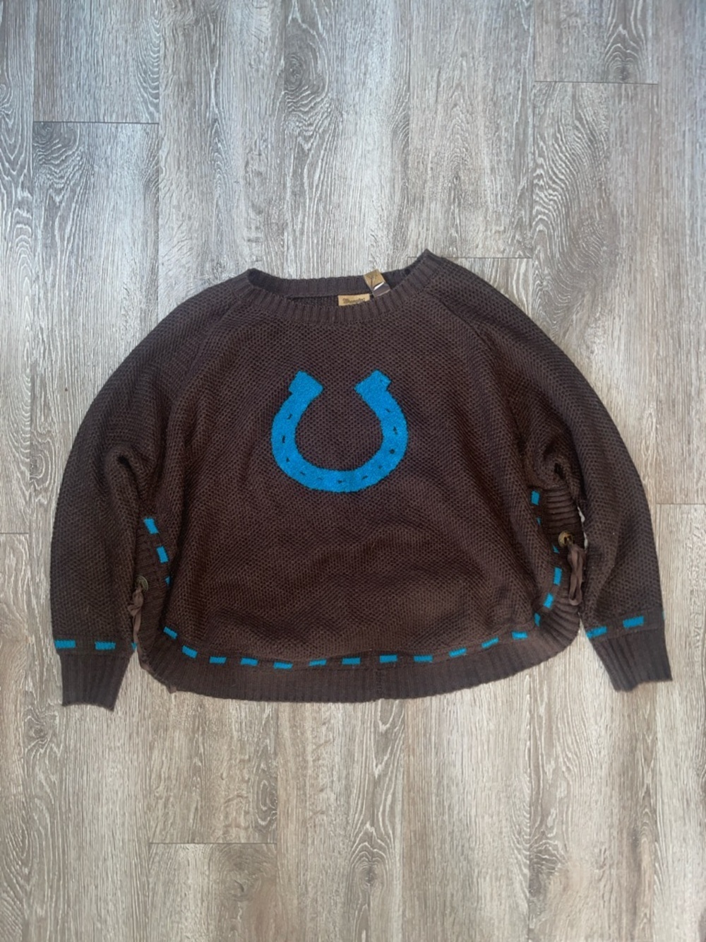 Wrangler Brown Knit Sweater with Blue Horseshoe Detail western cowboy country